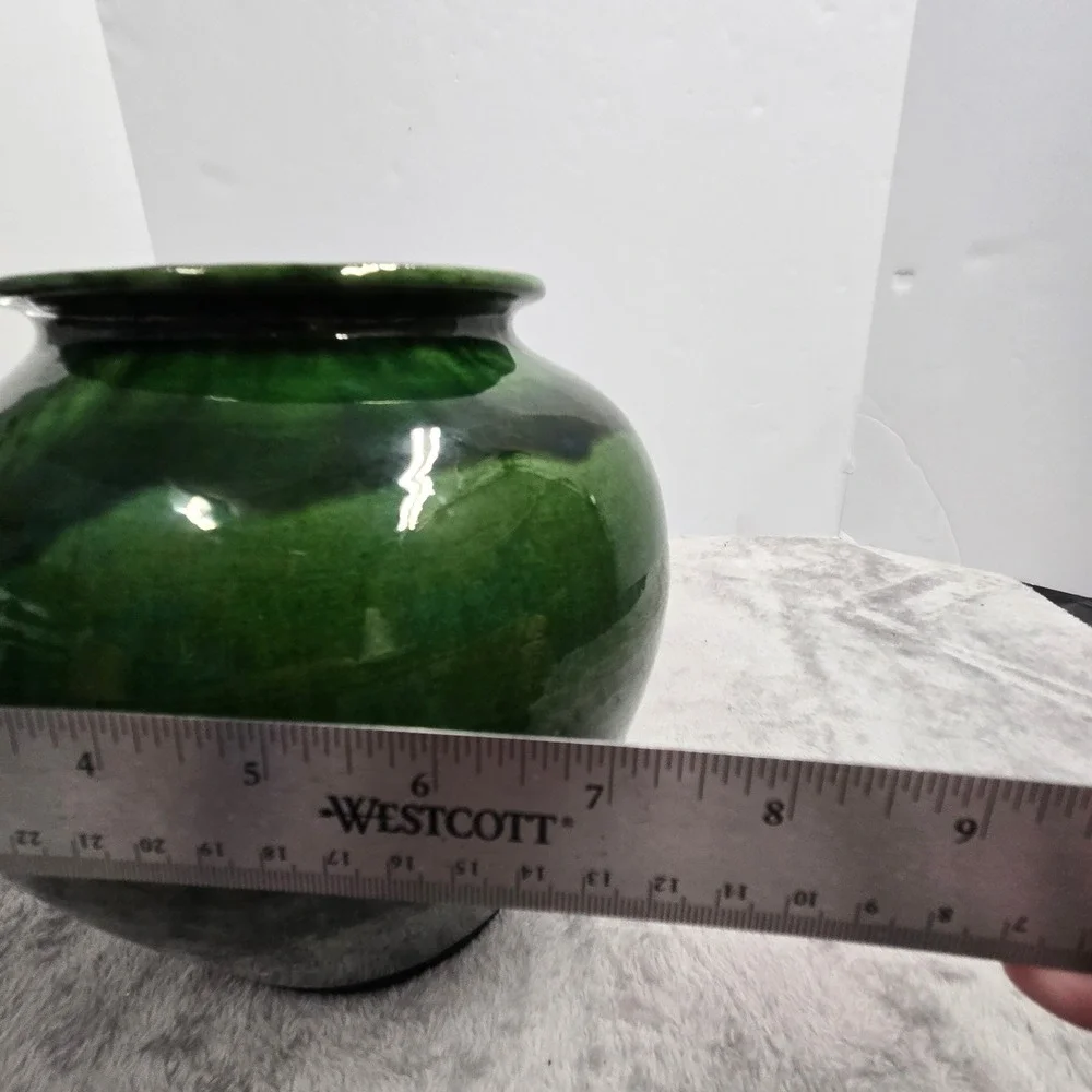 Vintage French Pottery Emerald Green Drip Glaze Terracotta Vase Made in France